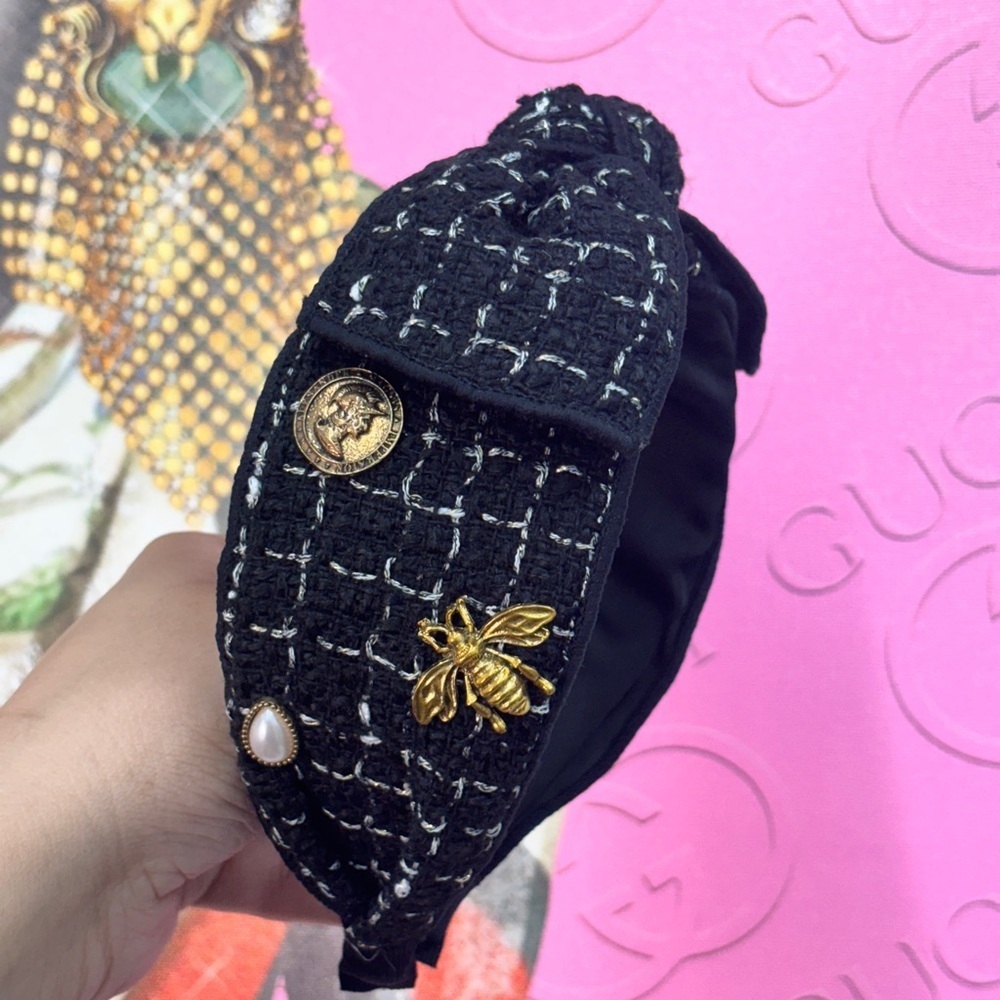 Black Tweed Headband with Gold Accents